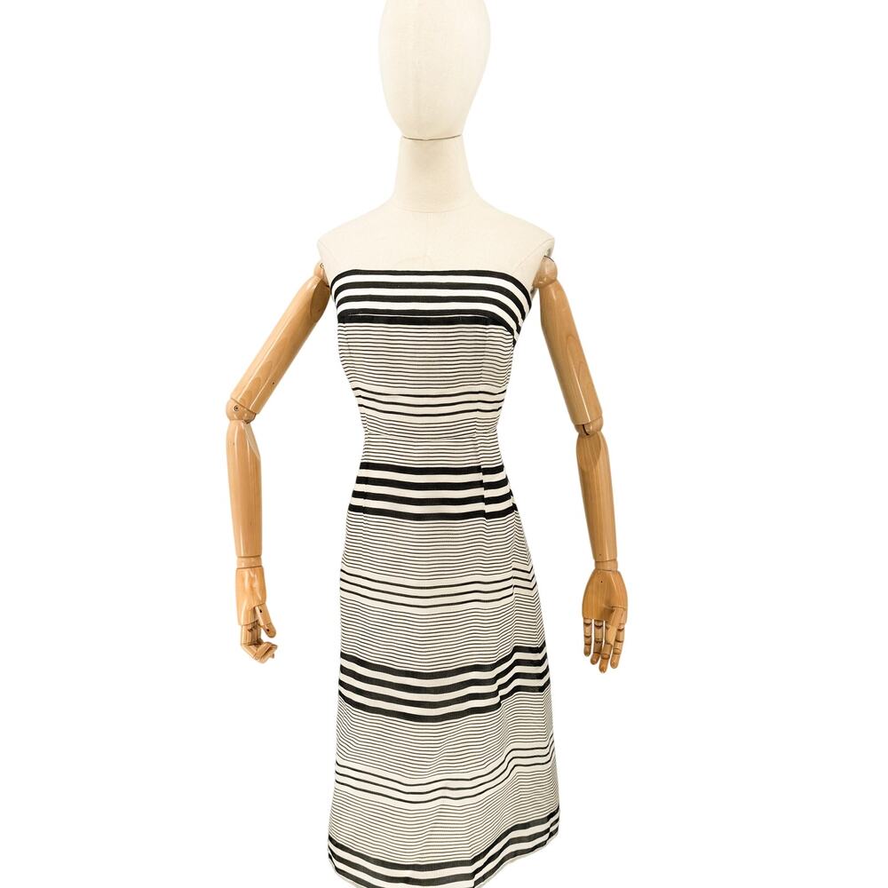 Vintage 90s Kay Unger Cream Black 100% Silk Striped Strapless Dress